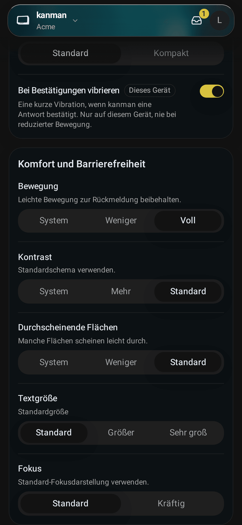 Komfort und Barrierefreiheit mit Bewegung, Kontrast, durchscheinenden Flächen, Textgröße und Fokus (Mobile)