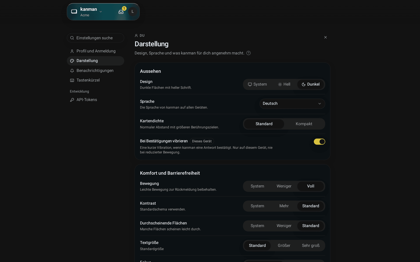 Darstellung mit der Karte Aussehen: Design, Sprache, Kartendichte und Vibration (Desktop)