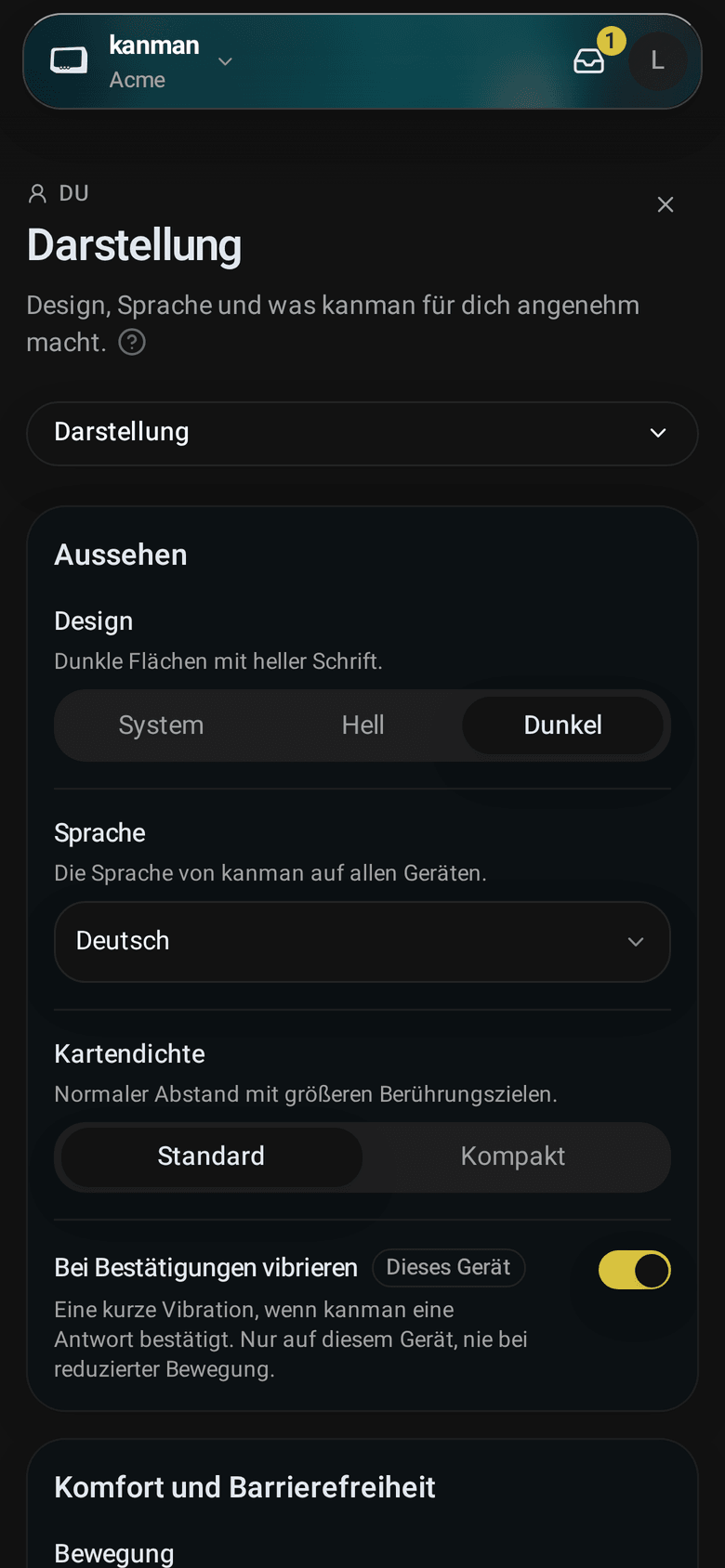 Darstellung mit der Karte Aussehen: Design, Sprache, Kartendichte und Vibration (Mobile)