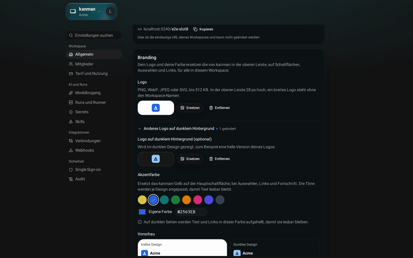 Workspace-Einstellungen, Allgemein, Bereich Branding mit einem Logo, der gewählten blauen Akzentfarbe und Vorschauen der oberen Leiste in hell und dunkel (Desktop)