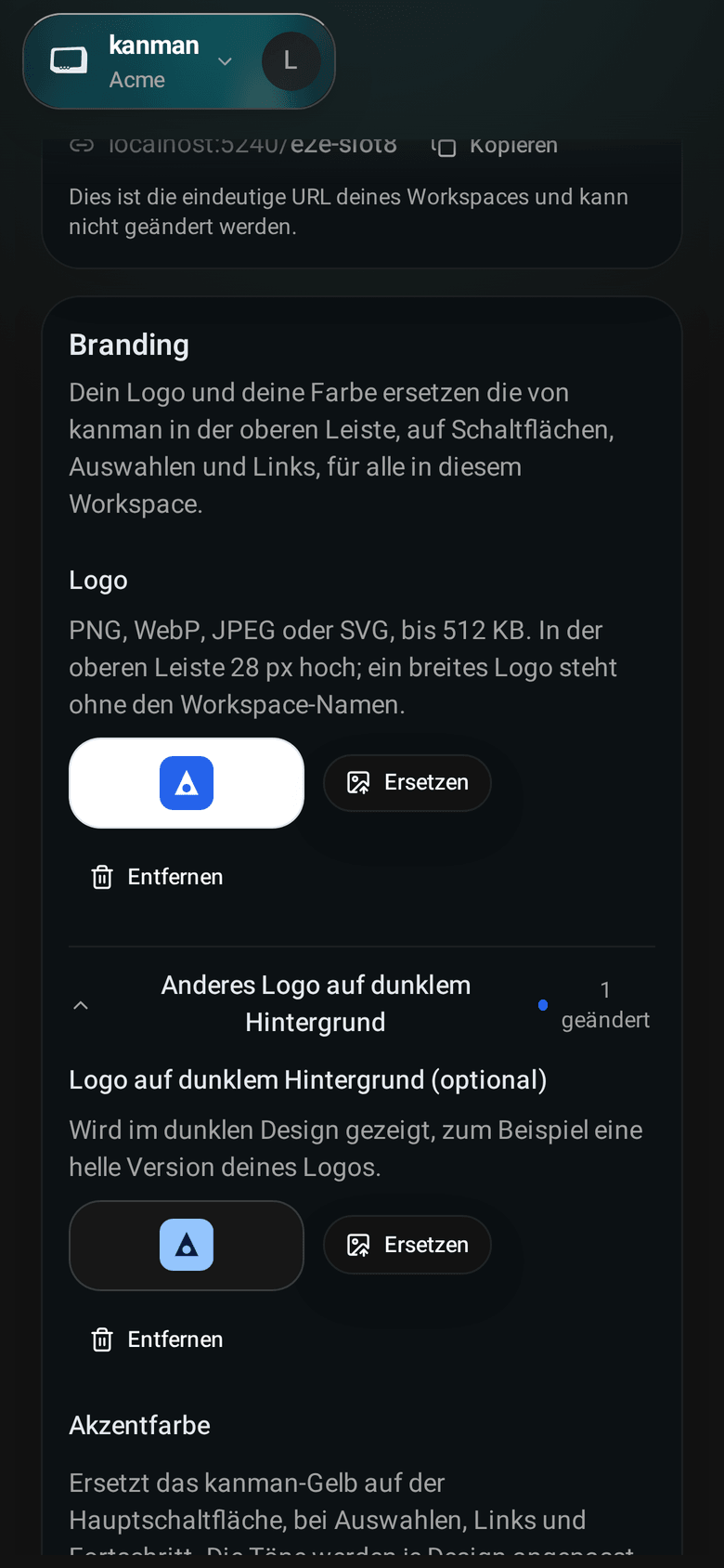 Workspace-Einstellungen, Allgemein, Bereich Branding mit einem Logo, der gewählten blauen Akzentfarbe und Vorschauen der oberen Leiste in hell und dunkel (Mobile)