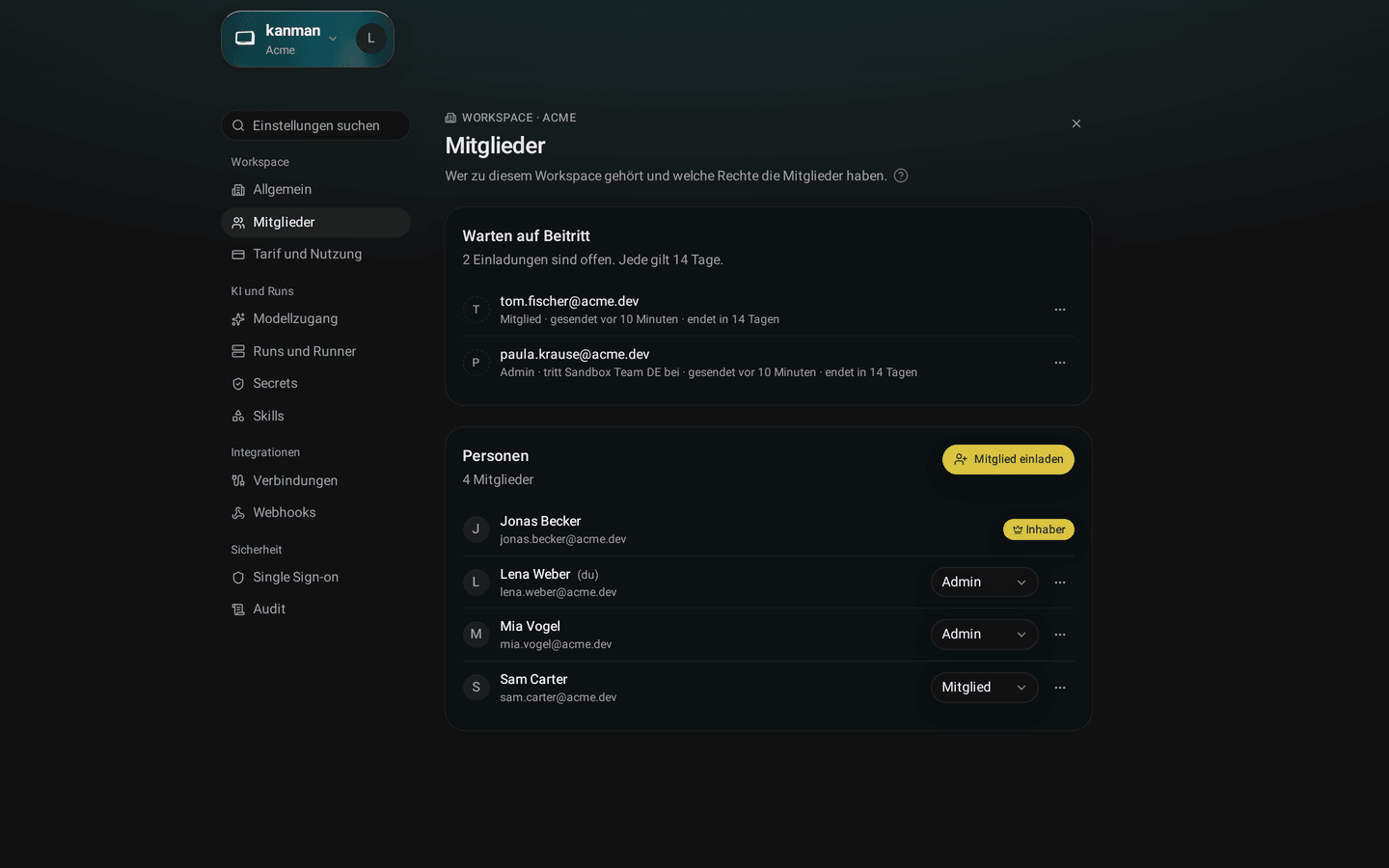 Seite Mitglieder mit der Karte Personen: jede Person mit ihrer Rolle in der Zeile (Desktop)