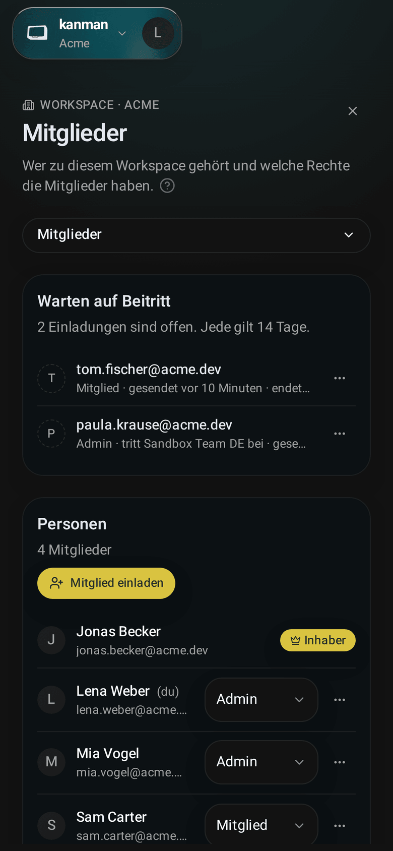 Seite Mitglieder mit der Karte Personen: jede Person mit ihrer Rolle in der Zeile (Mobile)