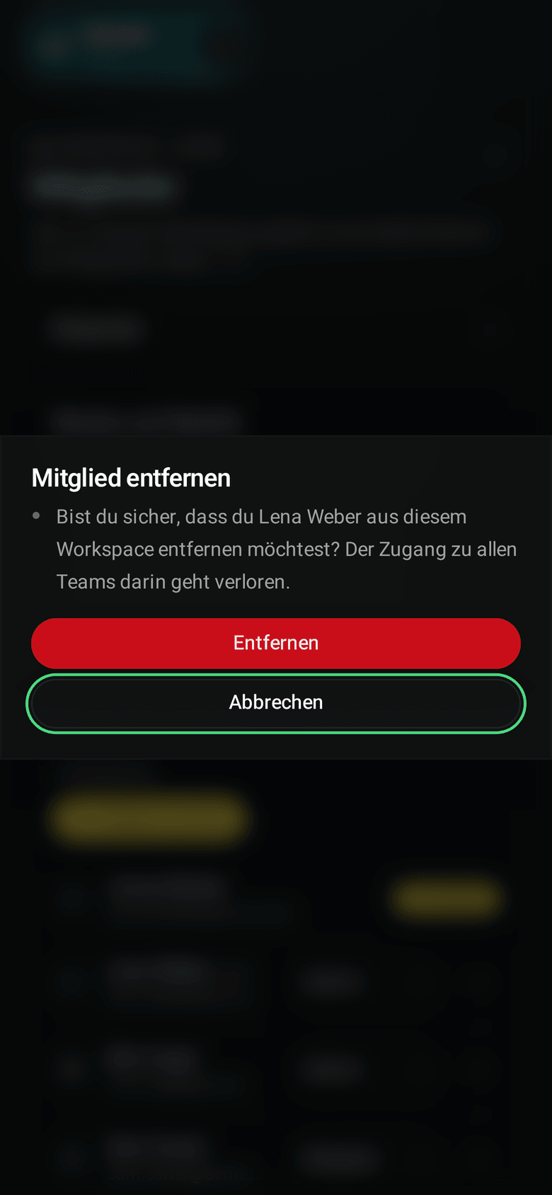 Bestätigungsdialog zum Entfernen eines Mitglieds (Mobile)
