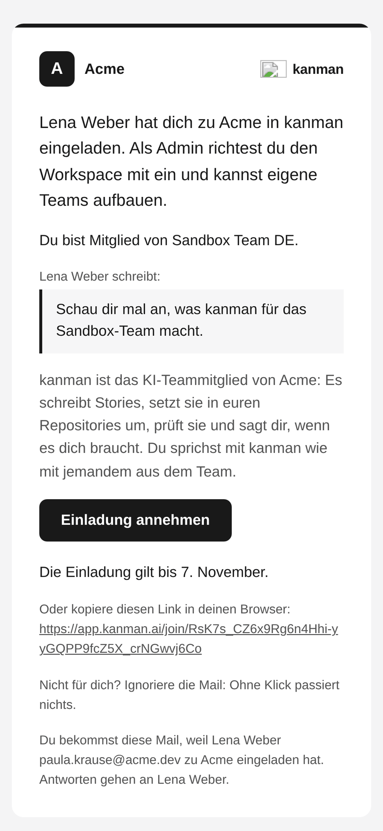 Die Einladungsmail von kanman auf Deutsch: Lena hat dich zu Acme eingeladen, die Rolle in einfachen Worten, die Teams, die Notiz und der Button Einladung annehmen (Mobile)