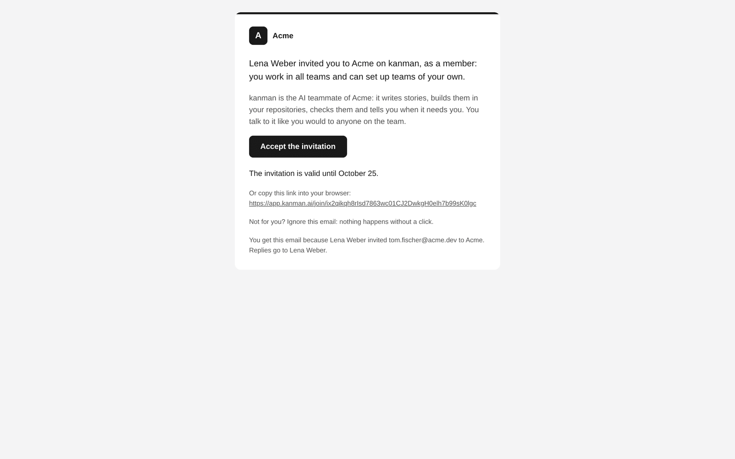 kanman's invitation email: Marco invited you to VIER, the role in plain words, the teams, the note and the button Accept the invitation (Desktop)