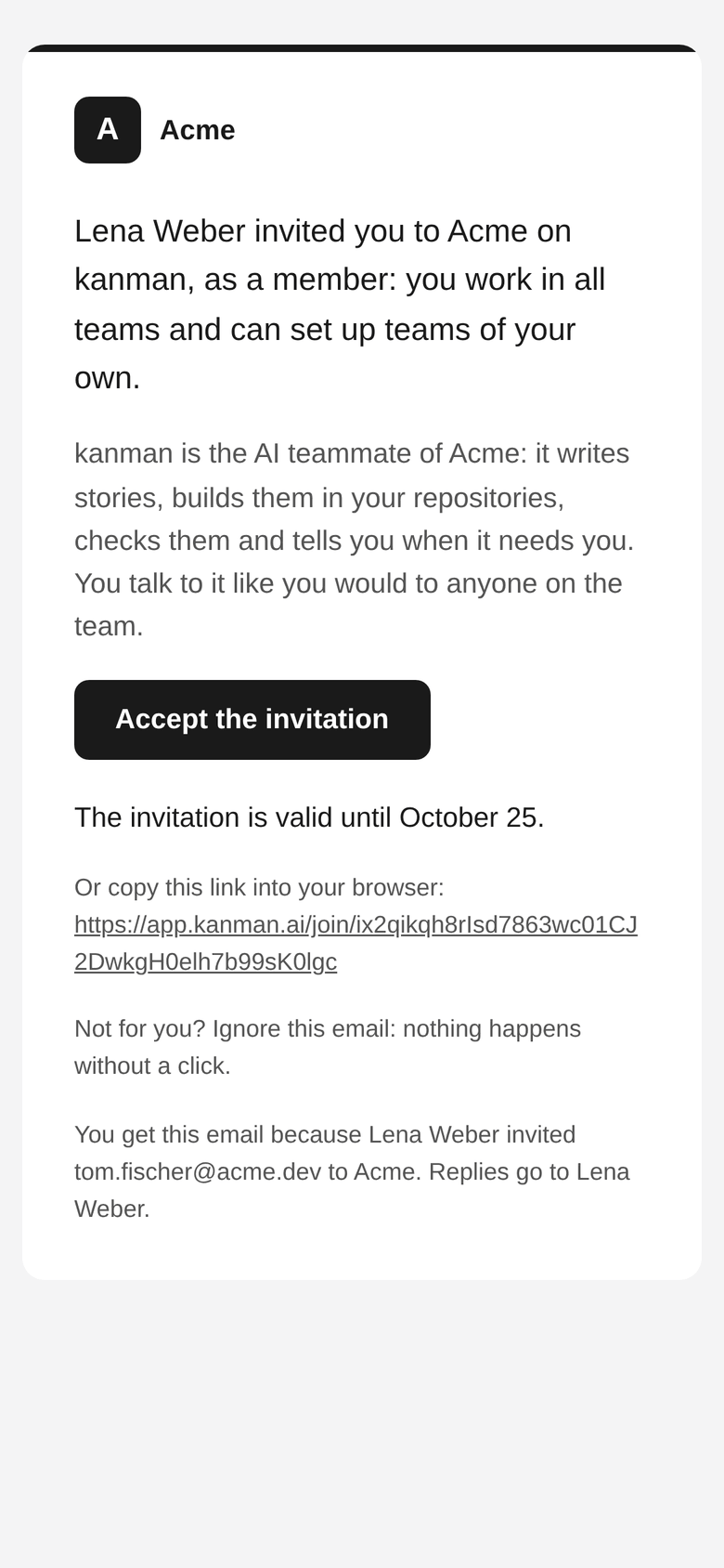 kanman's invitation email: Marco invited you to VIER, the role in plain words, the teams, the note and the button Accept the invitation (Mobile)