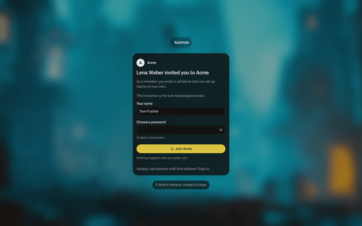 The join page: Marco invited you to VIER, your role, the team you will follow, the note, and fields for name and password with the button Join VIER (Desktop)