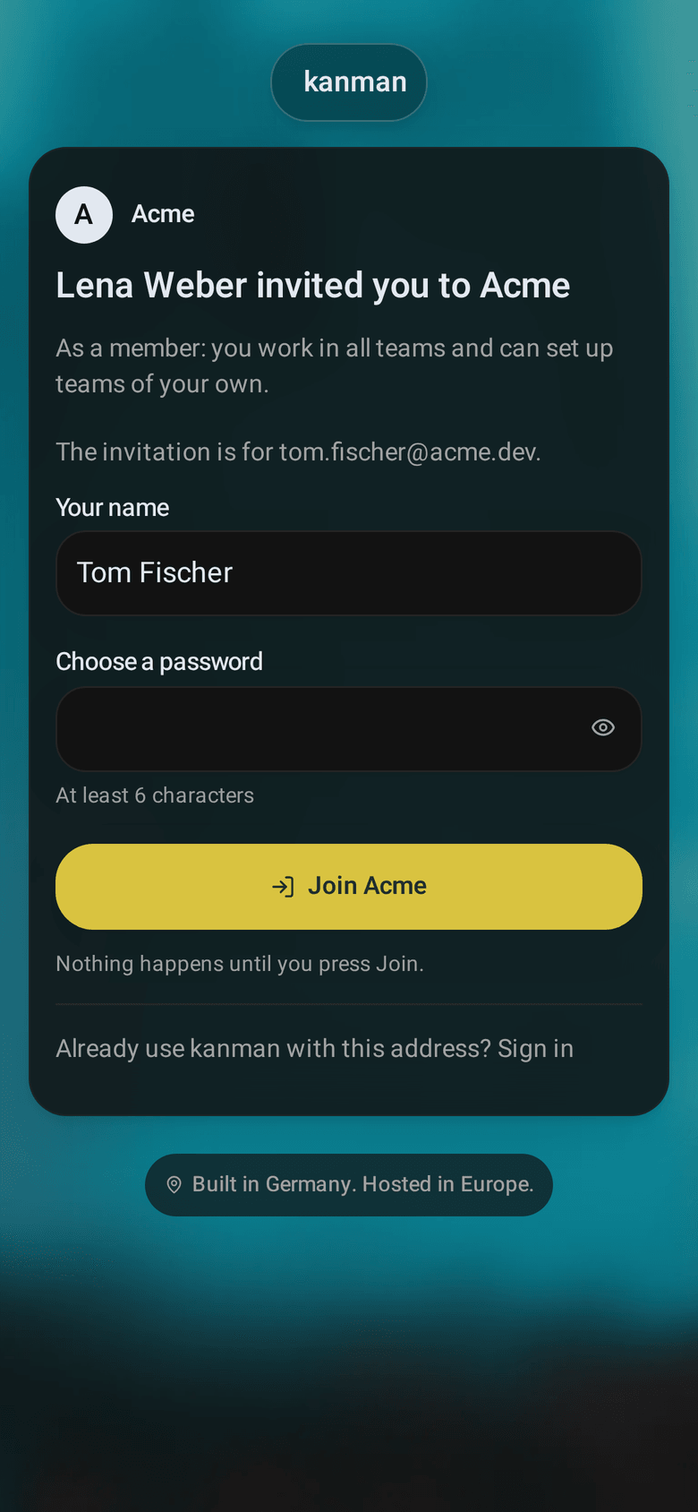 The join page: Marco invited you to VIER, your role, the team you will follow, the note, and fields for name and password with the button Join VIER (Mobile)
