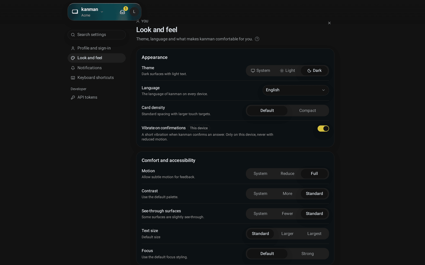 Comfort and accessibility with motion, contrast, see-through surfaces, text size and focus (Desktop)