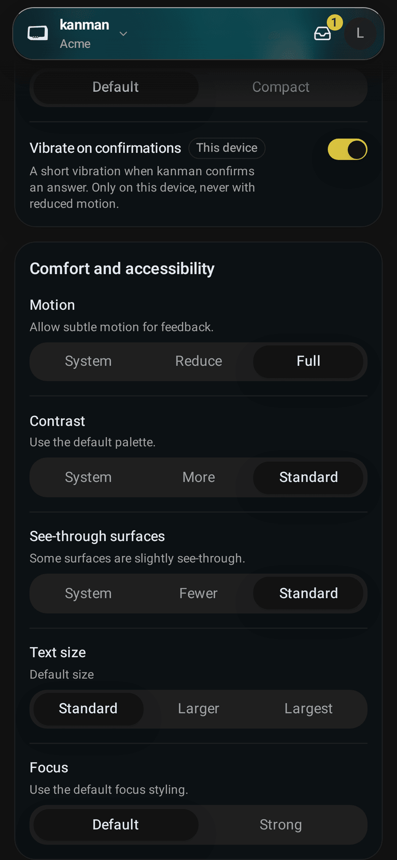 Comfort and accessibility with motion, contrast, see-through surfaces, text size and focus (Mobile)