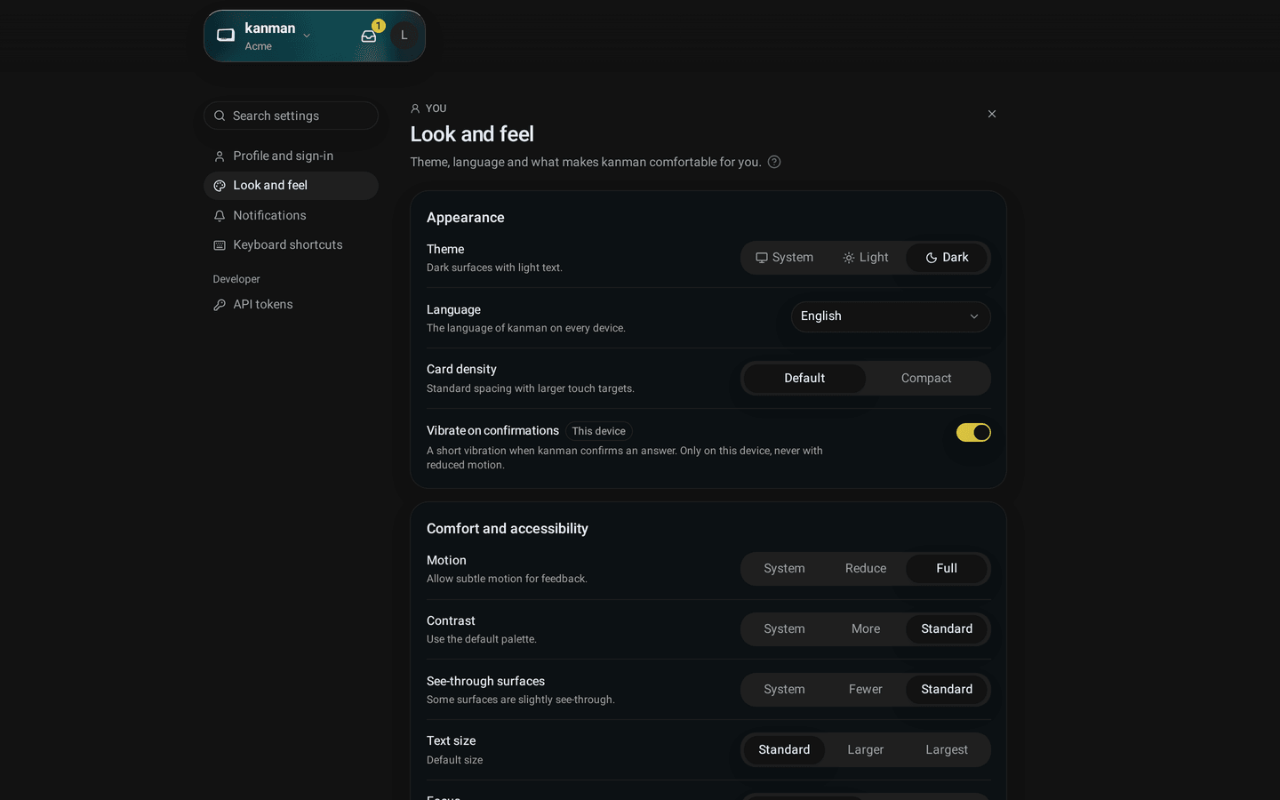 Look and feel with the Appearance card: theme, language, card density and vibration (Desktop)