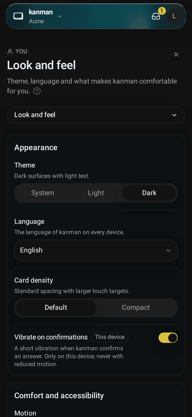 Look and feel with the Appearance card: theme, language, card density and vibration (Mobile)