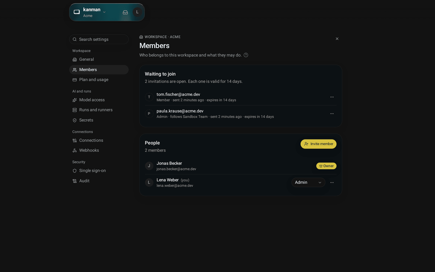 Members page with the Waiting to join card: an invitation with its role, team, sent and expiry times (Desktop)