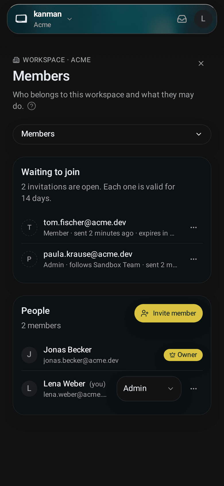 Members page with the Waiting to join card: an invitation with its role, team, sent and expiry times (Mobile)