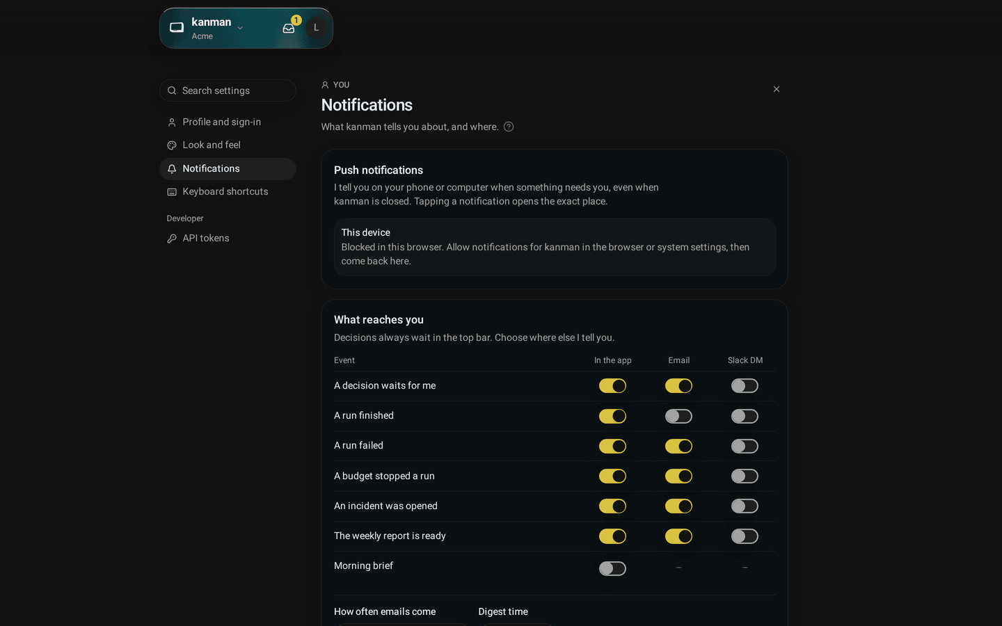 Notifications with the table of what reaches you: events as rows, In the app, Email and Slack DM as columns (Desktop)