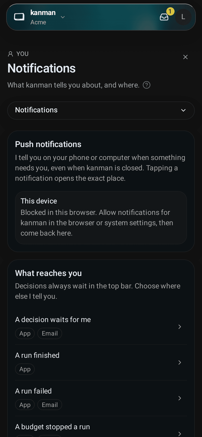 Notifications with the table of what reaches you: events as rows, In the app, Email and Slack DM as columns (Mobile)