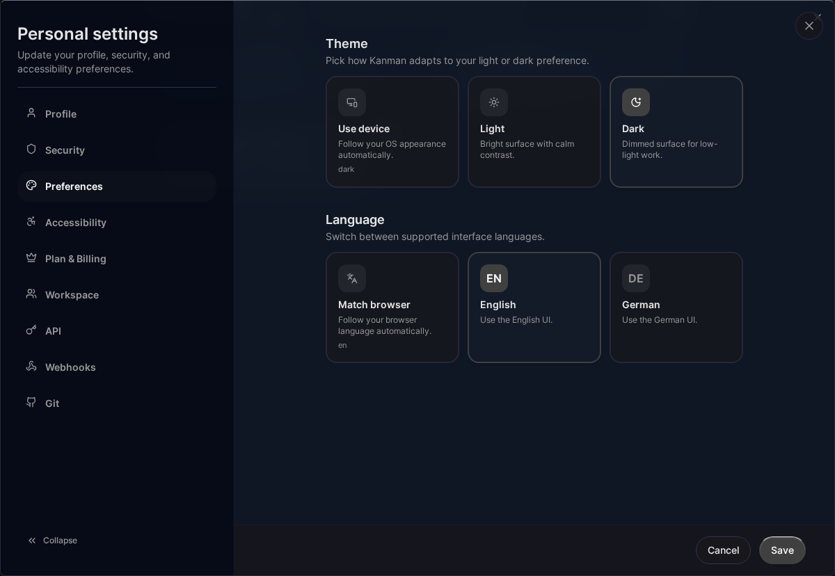 Präferenzeinstellungen (Desktop)
