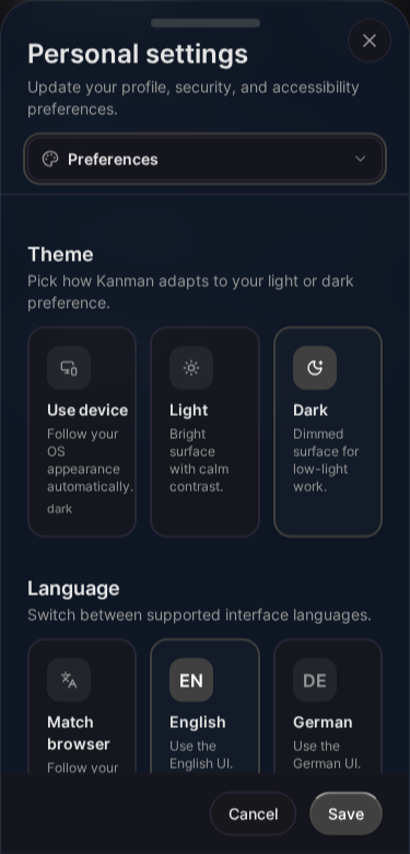 Präferenzeinstellungen (Mobile)
