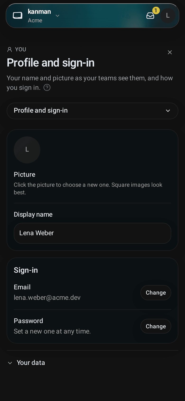 Profile and sign-in with the picture, the display name and the Sign-in card with email and password (Mobile)