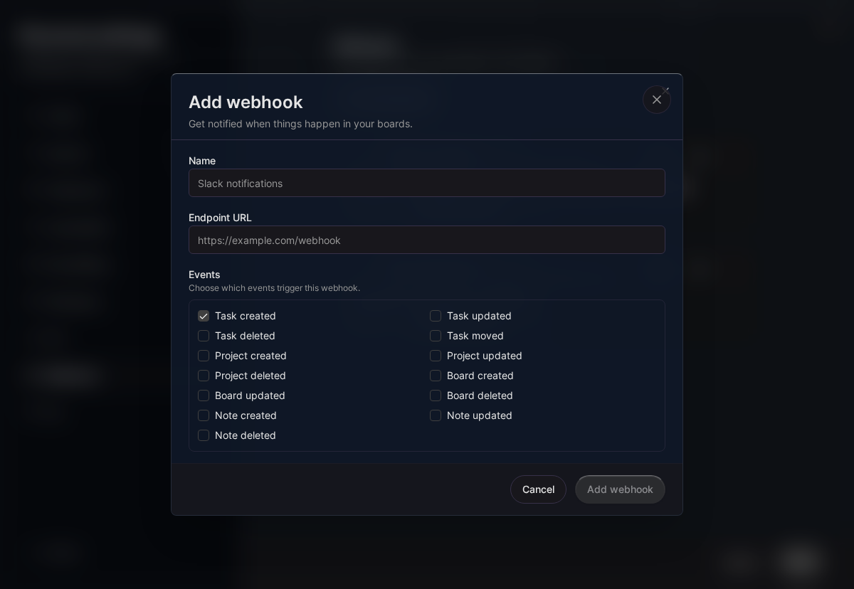 Webhook-Erstellungsformular (Desktop)