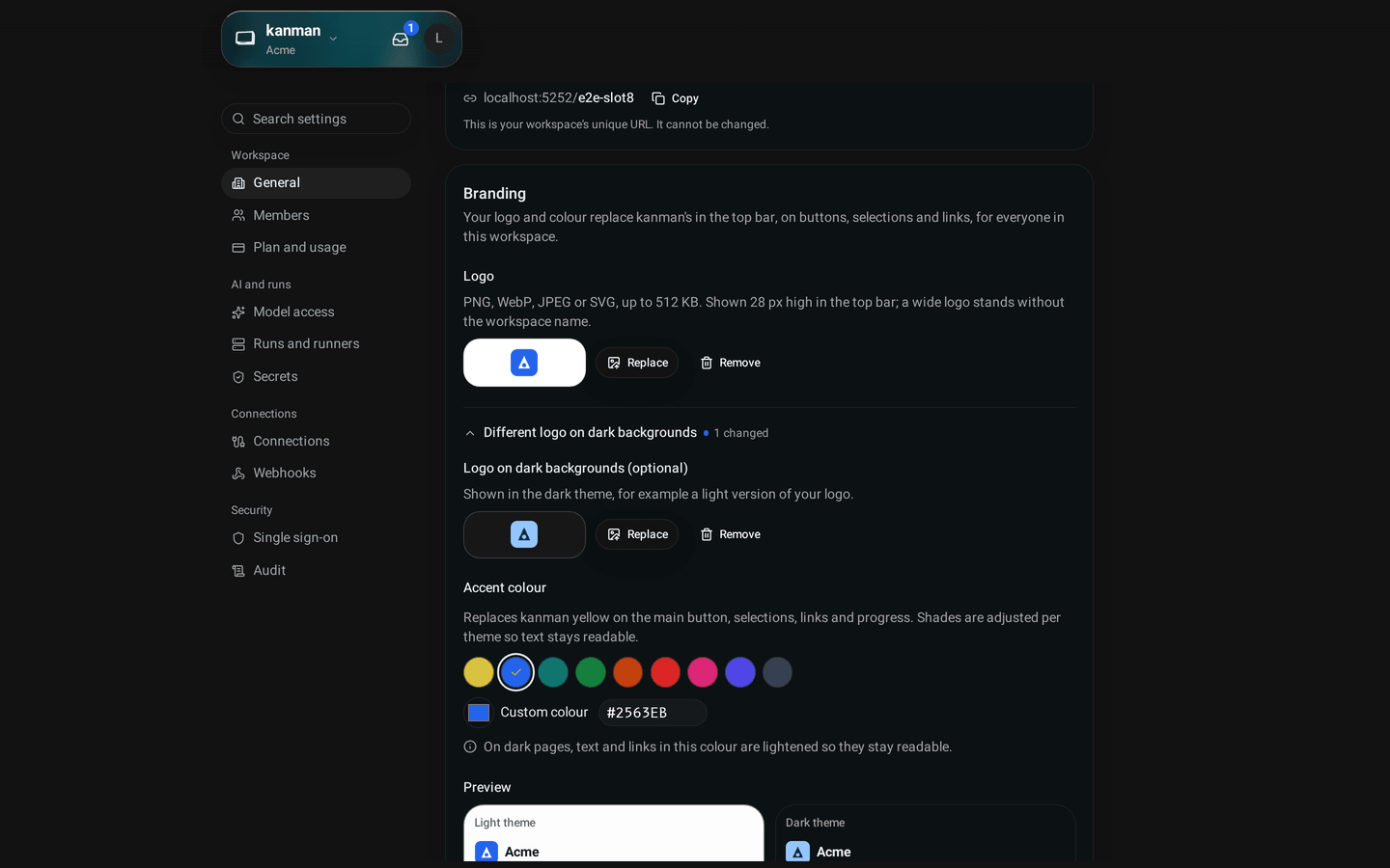 Workspace settings, General, Branding card with a logo, the blue accent selected and previews of the top bar in light and dark (Desktop)