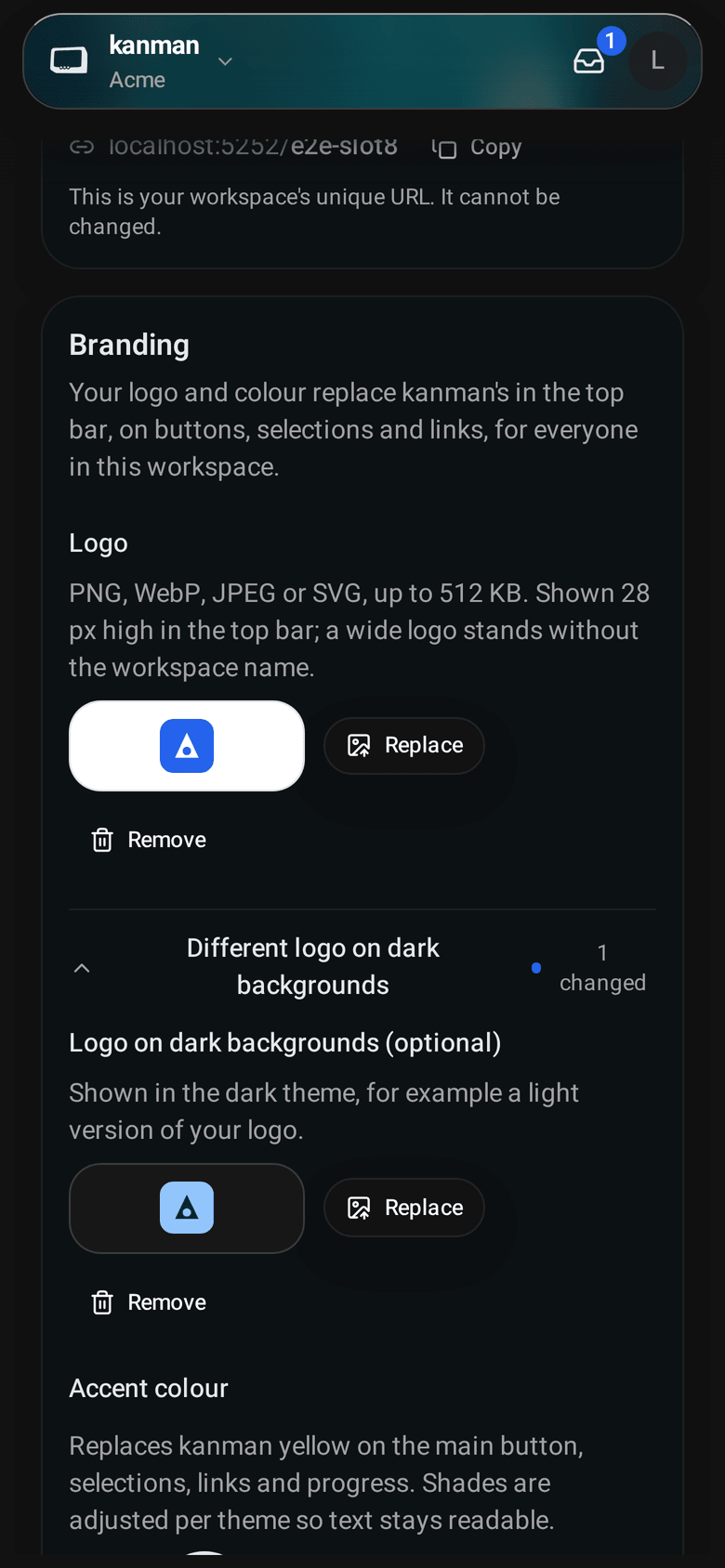 Workspace settings, General, Branding card with a logo, the blue accent selected and previews of the top bar in light and dark (Mobile)